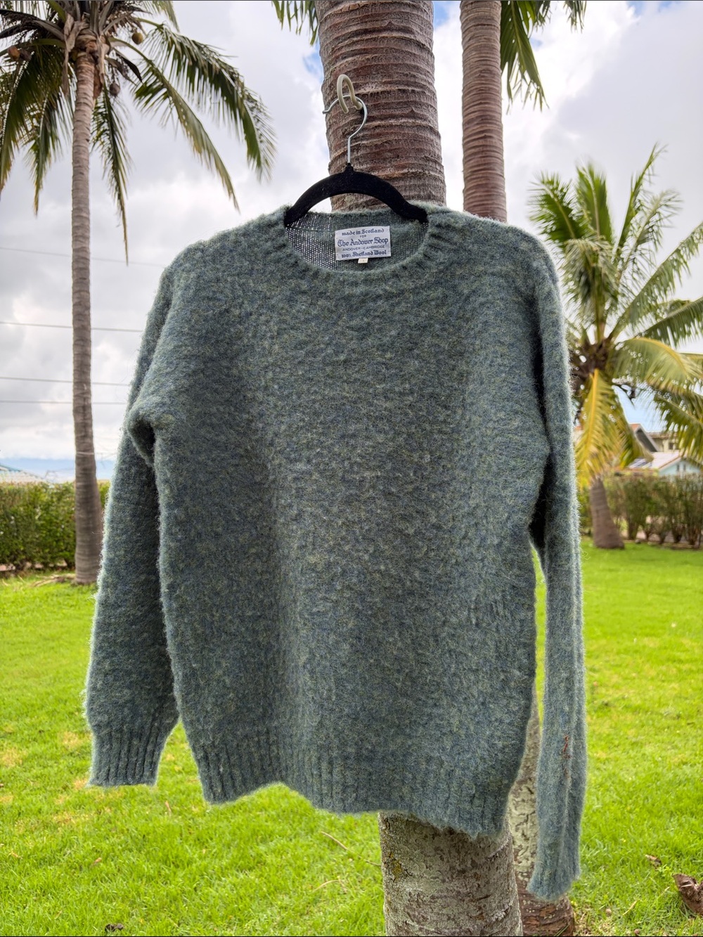 Vintage Handmade Scottish Shetland Wool Sweater for Andover Shop in Blue Green